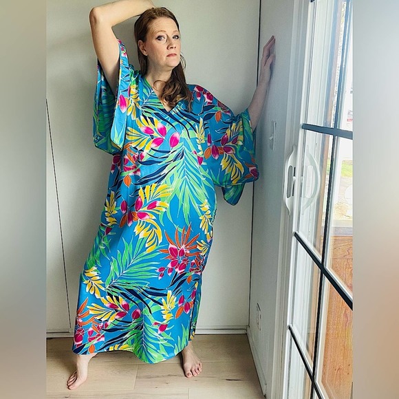 Natori Other - N Natori Kaftan Tropical Print Medium Blue Bright Ankle V neck Tropical Prints